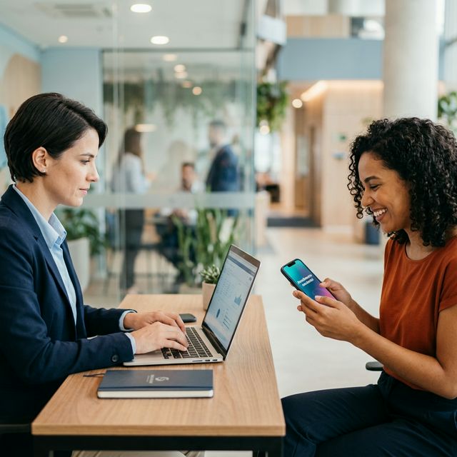 Profissional utilizando notebook e celular para gerenciar contatos e vendas orgânicas no WhatsApp