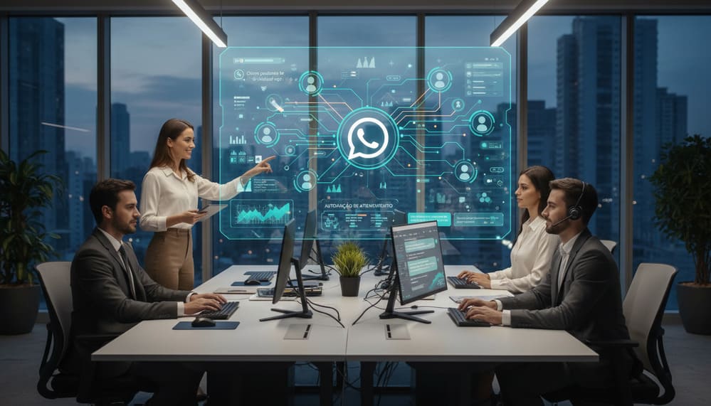 Equipe de vendas utilizando painel profissional para automatizar o atendimento no WhatsApp empresarial