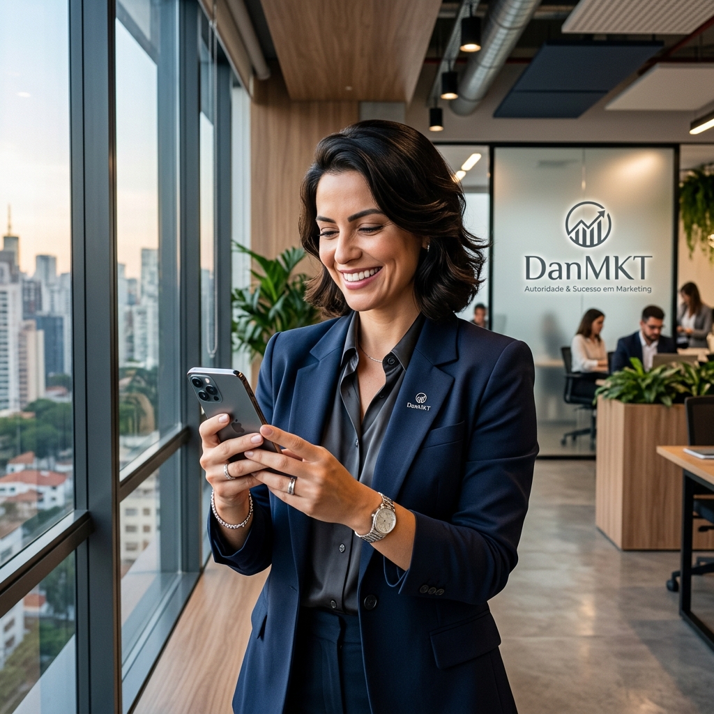 Empresário de sucesso analisando os resultados de sua presença digital em um smartphone de alta tecnologia