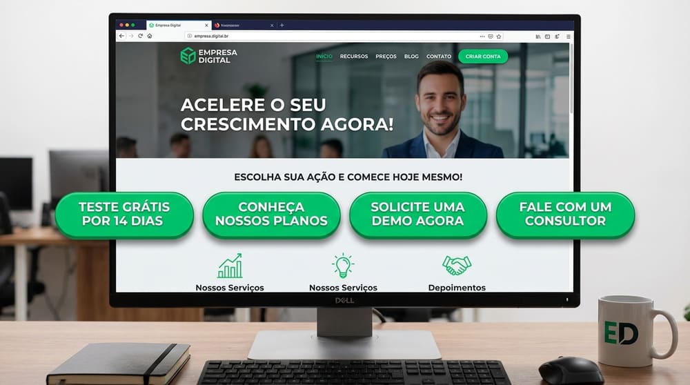 Diferentes botões grandes e chamativos verdes em uma tela de site exemplificando botões de chamada pra ação (Call to action CTA)