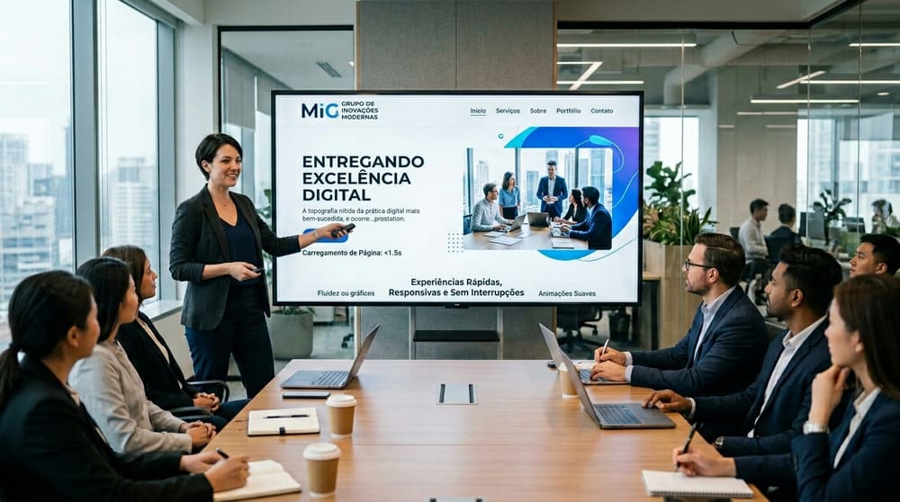 Apresentação final de um lindo site One Page rodando limpo e veloz em resoluções de grandes monitores na empresa