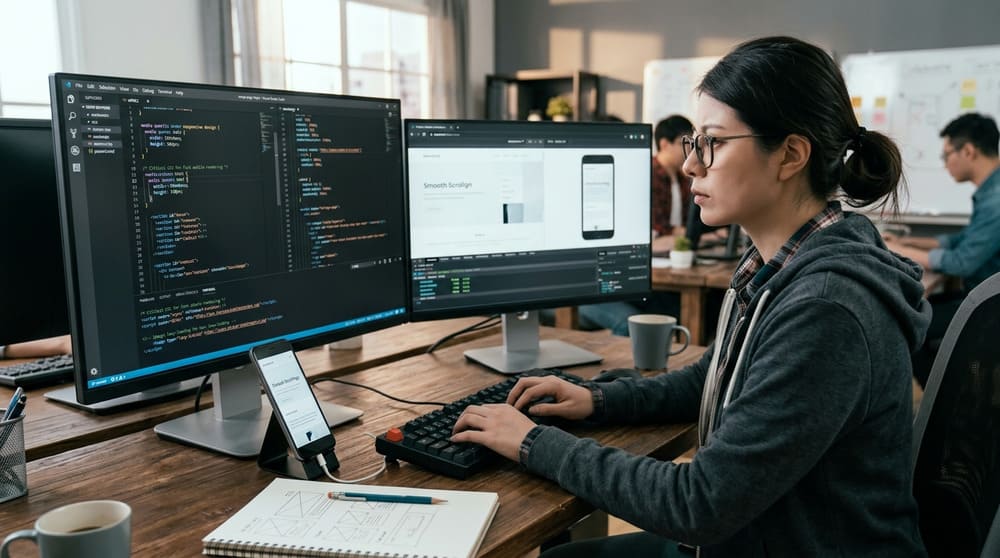 Profissional desenvolvendo códigos de um site One Page, garantindo carregamento ultrarrápido em dispositivos móveis e celulares smart