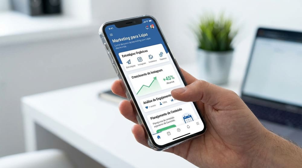 Celular exibindo aplicativo focado em divulgação no Instagram e estratégias orgânicas para lojas