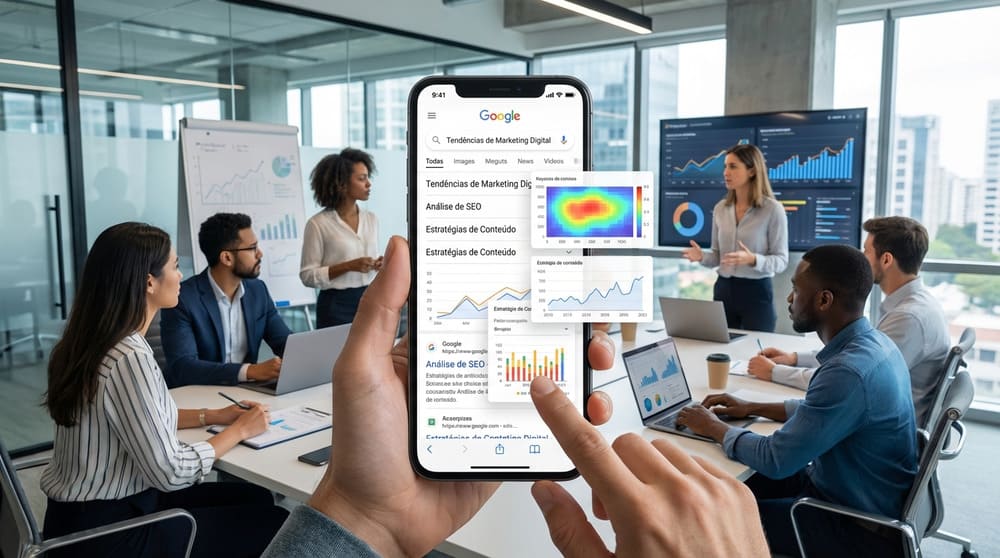 Celular mostrando tela de pesquisas do Google sendo analisadas por equipe de marketing em tela