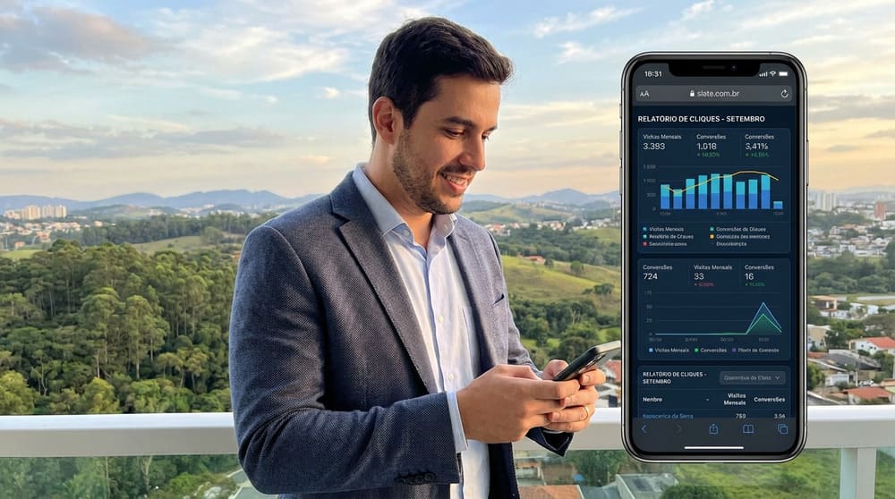 Profissional com celular na mão lendo os relatórios de cliques do mês em Itapecerica da Serra