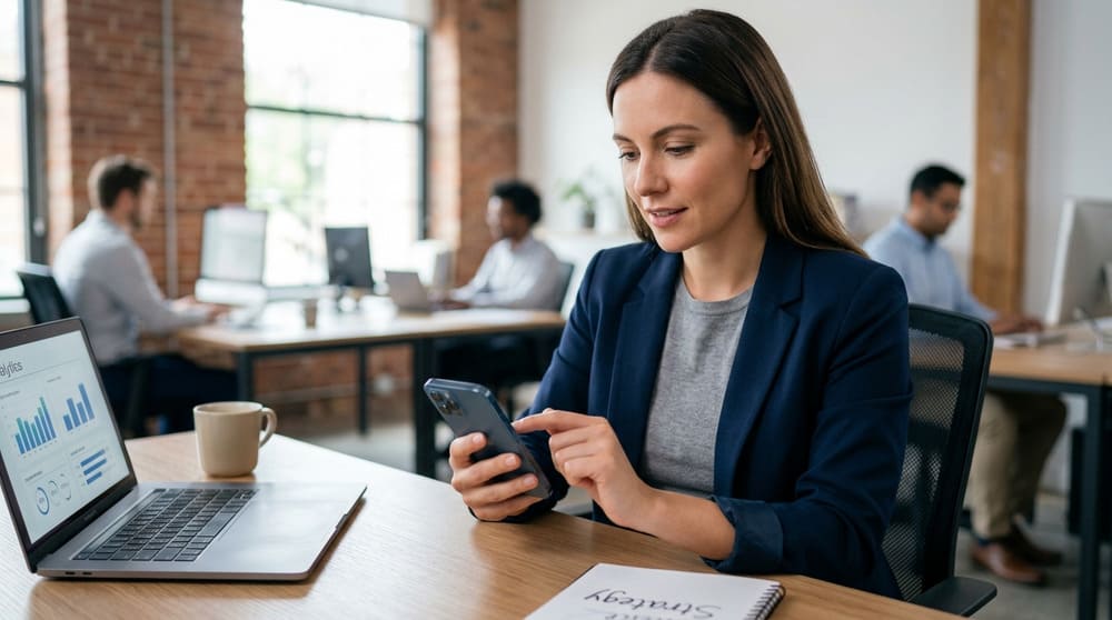 Empreendedor utilizando estratégias modernas de WhatsApp Business pelo celular e gerenciando as respostas automáticas