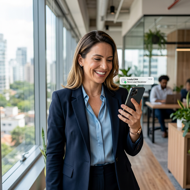 Empresário sorridente em um escritório moderno olhando para o celular e recebendo notificações de novos leads gerados pela isca digital