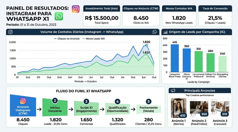 Dashboard simples demonstrando campanhas do Instagram trazendo contatos diretamente para o funil do WhatsApp X1