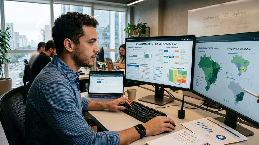 Profissional desenvolvendo mapas e palavras chaves no computador para o plano tático de ranqueamento da empresa no SEO do Google