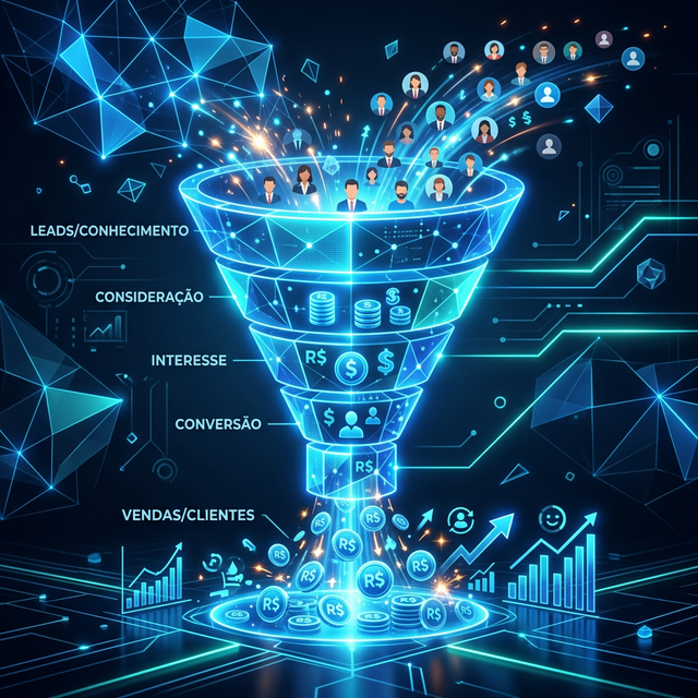 Conceito 3D abstrato de leads entrando em um funil iluminado e se transformando em moedas de ouro e fechamentos de negócios, fundo escuro tecnológico