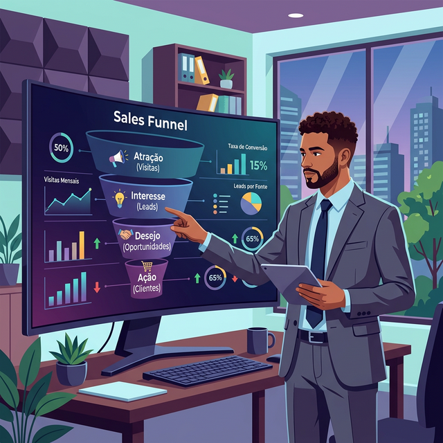 Empresário analisando métricas de conversão e gráficos de vendas em uma tela de computador em um escritório moderno, representando o fechamento de vendas