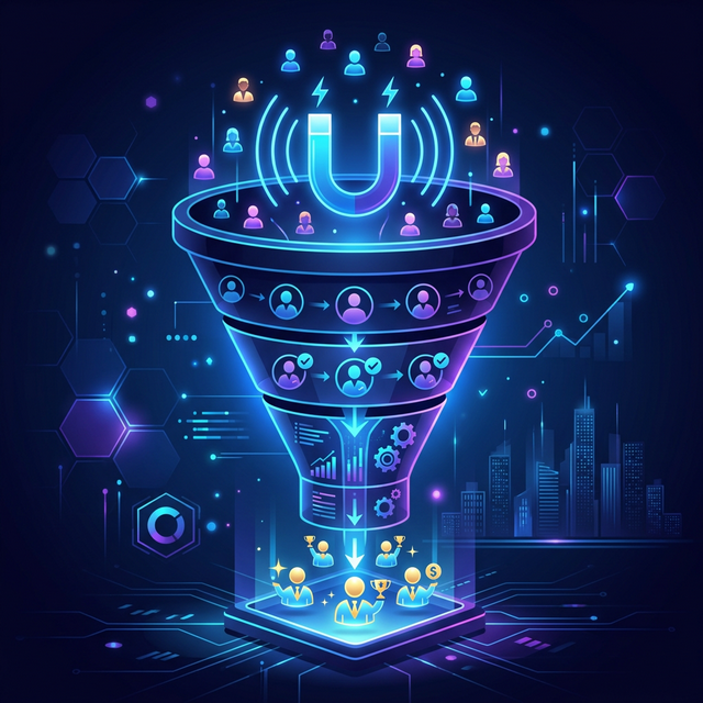 Ilustração moderna de um funil de vendas onde visitantes entram atraídos por uma isca digital e se transformam em clientes