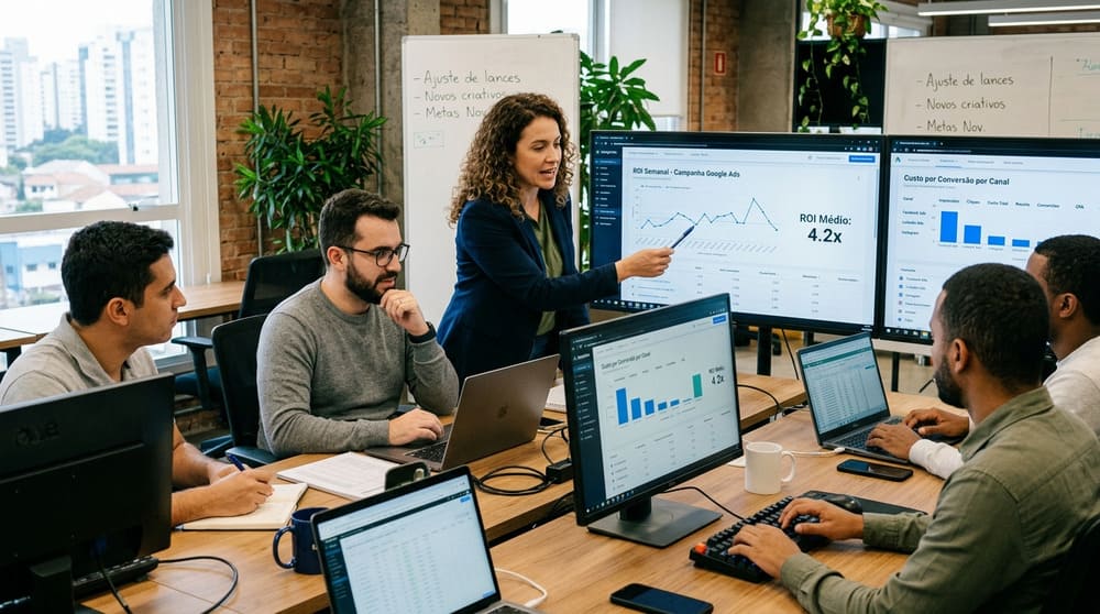 Equipe de gestores de tráfego pago acompanhando painéis em monitores grandes no escritório com análise de ROI