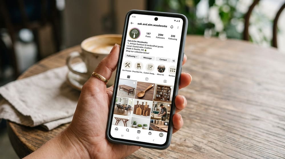 Tela exibindo perfil de Instagram profissional limpo servindo de vitrine organizada para produtos de uma empresa local na palma do cliente