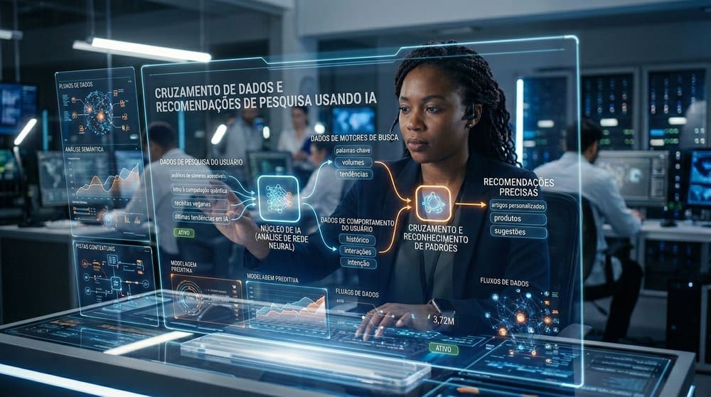 Profissional utilizando telas e gráficos futuristas para entender como a Inteligência artificial cruza os dados dos buscadores com recomendações precisas