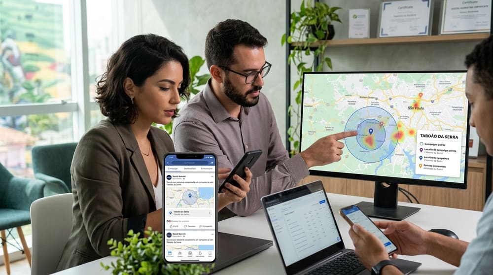 Especialistas de marketing digital rodando campanhas em celular para atração de clientes em Taboão da Serra