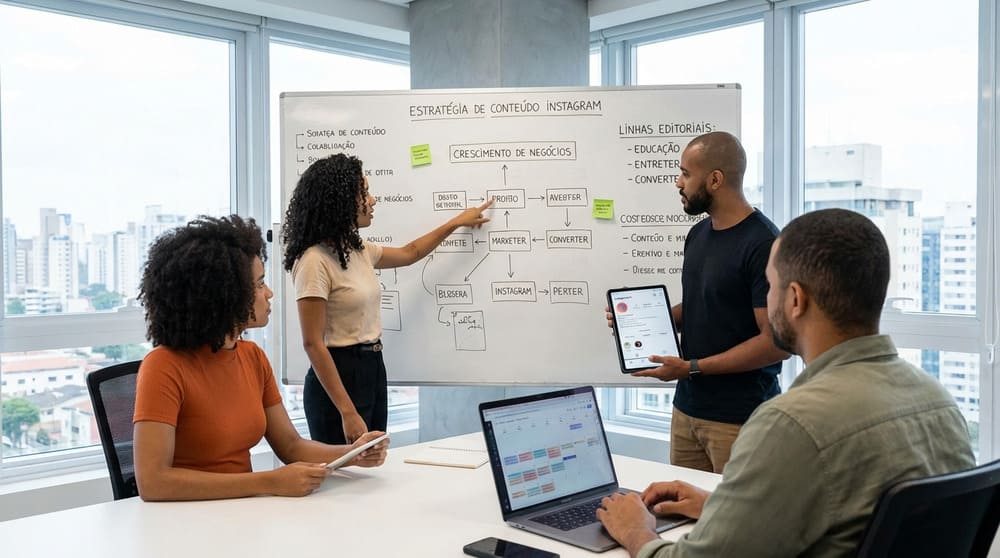Equipe de marketing bolando estratégias de conteúdo para fazer negócios crescerem no Instagram