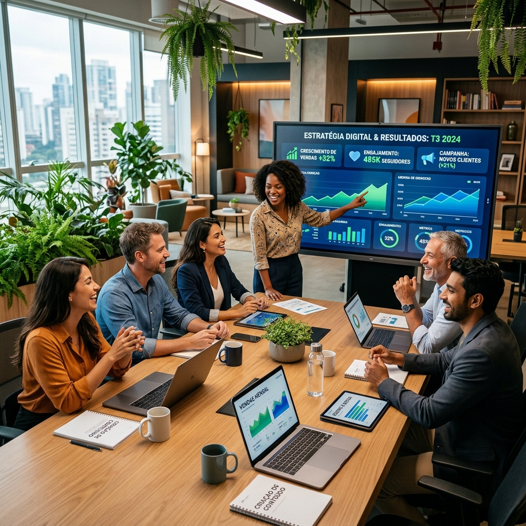 Equipe profissional da DanMKT colaborando em uma estratégia de marketing digital de alto impacto