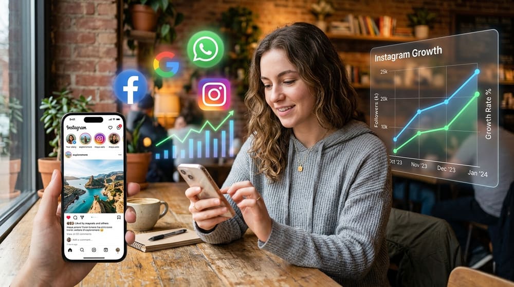 Pessoa utilizando o Instagram no celular com ícones de mídias sociais como Facebook e WhatsApp e gráficos de crescimento