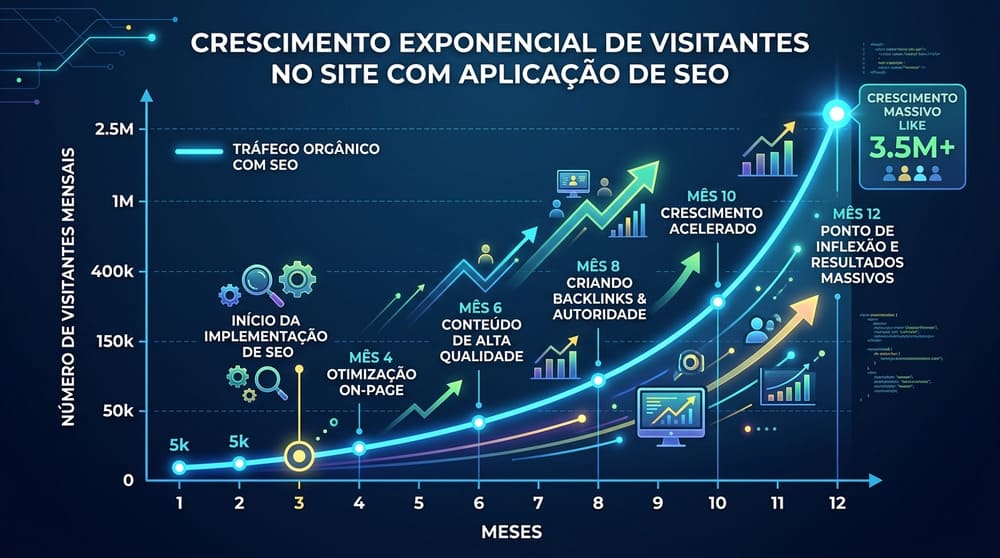 Gráfico demonstrando o aumento exponencial no número de visitantes do site com a aplicação de SEO ao longo dos meses