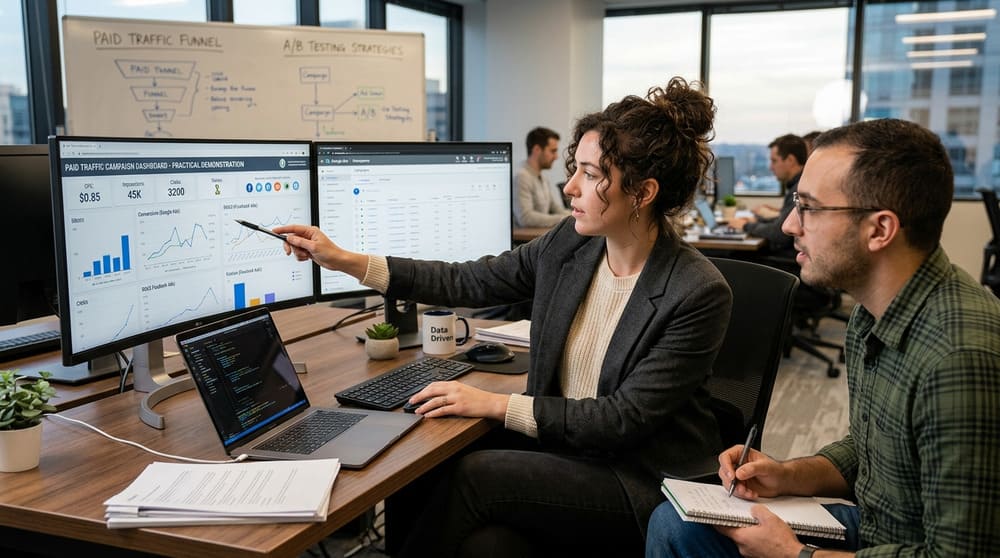 Profissional configurando painéis e métricas, gerenciando anúncios para demonstrar na prática o que é tráfego pago