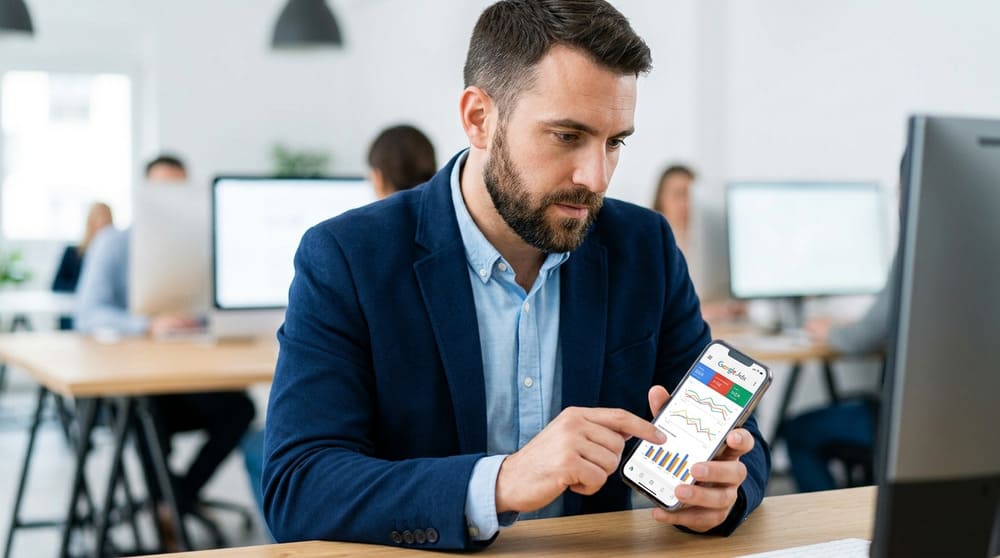 Profissional com celular estudando métricas visuais das campanhas patrocinadas no Google Ads