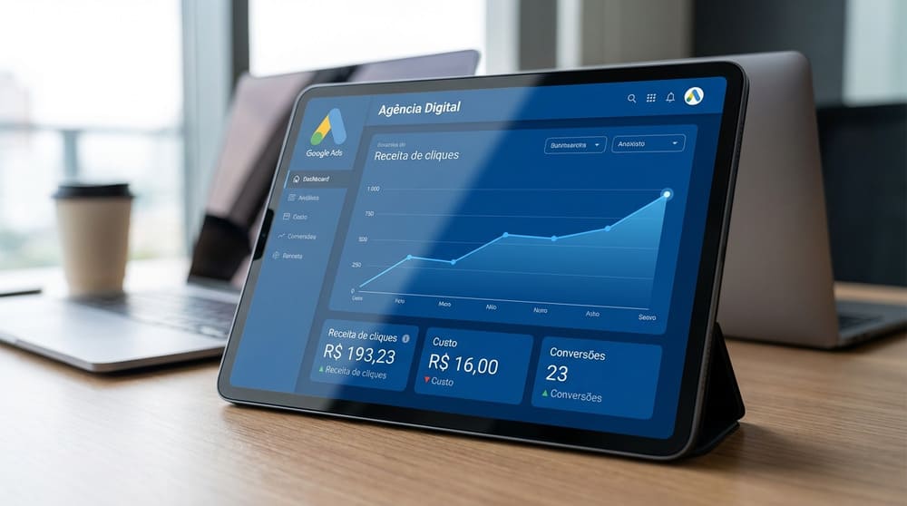 Painel azul mostrando o faturamento dos cliques num anúncio de Google Ads criado por agência