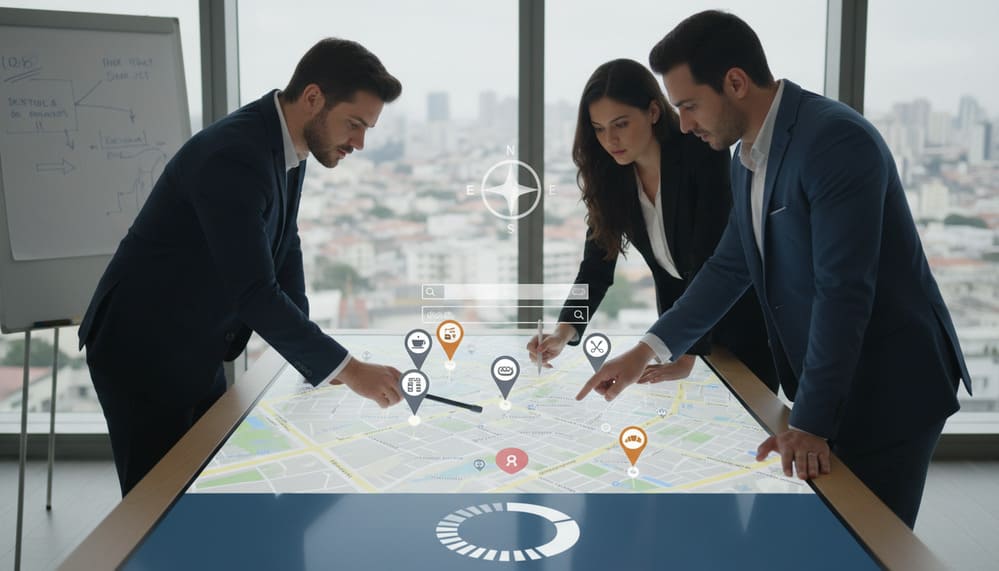 Profissionais planejando a visibilidade no mapa do Google para pequenos negócios físicos