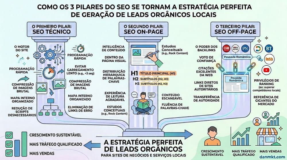 Imagem que mostra como os 3 pilares de SEO juntos se tornam a estratégia perfeita de captação orgânica para sites de serviços e negócios locais