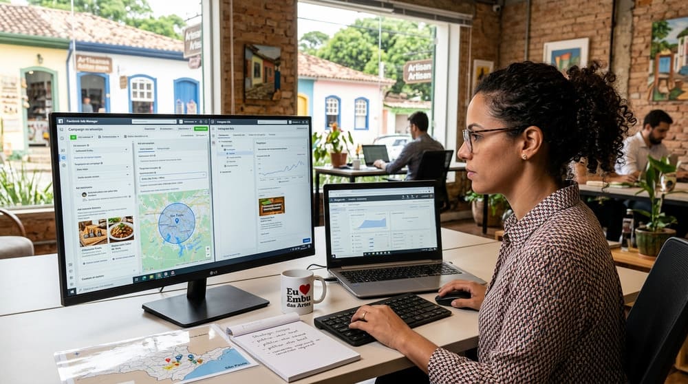 Profissional desenvolvendo campanhas de anúncios patrocinados no Facebook Ads, Instagram Ads e Google Ads com foco geolocalizado