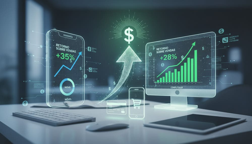 A divulgação forte e paga mostrando gráficos que indicam retorno em vendas pelo celular e computador