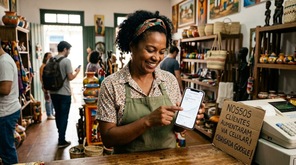 Dono de negócio local visualizando o aumento de clientes no celular após aplicar técnicas avançadas de marketing local