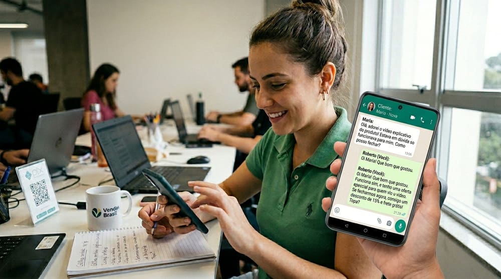 Vendedor conversando no WhatsApp usando formato X1 individual aplicando as melhores estratégias digitais locais para faturamento