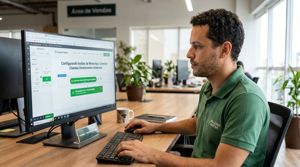 Vendedor configurando botões verdes em site que ligam clientes diretamente pela internet ao WhatsApp corporativo da empresa física